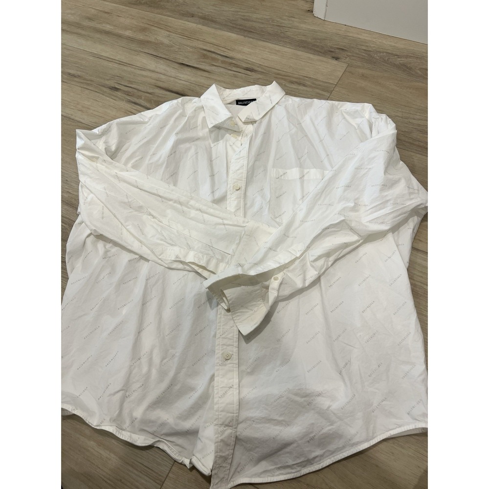Balenciaga All Over Logo White Oversized Long Sleeve Button Up Shirt Size 40